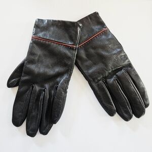 Vintage Isotoner Aris Soft Black Leather Red Detail Stitch Driving Gloves Size 8